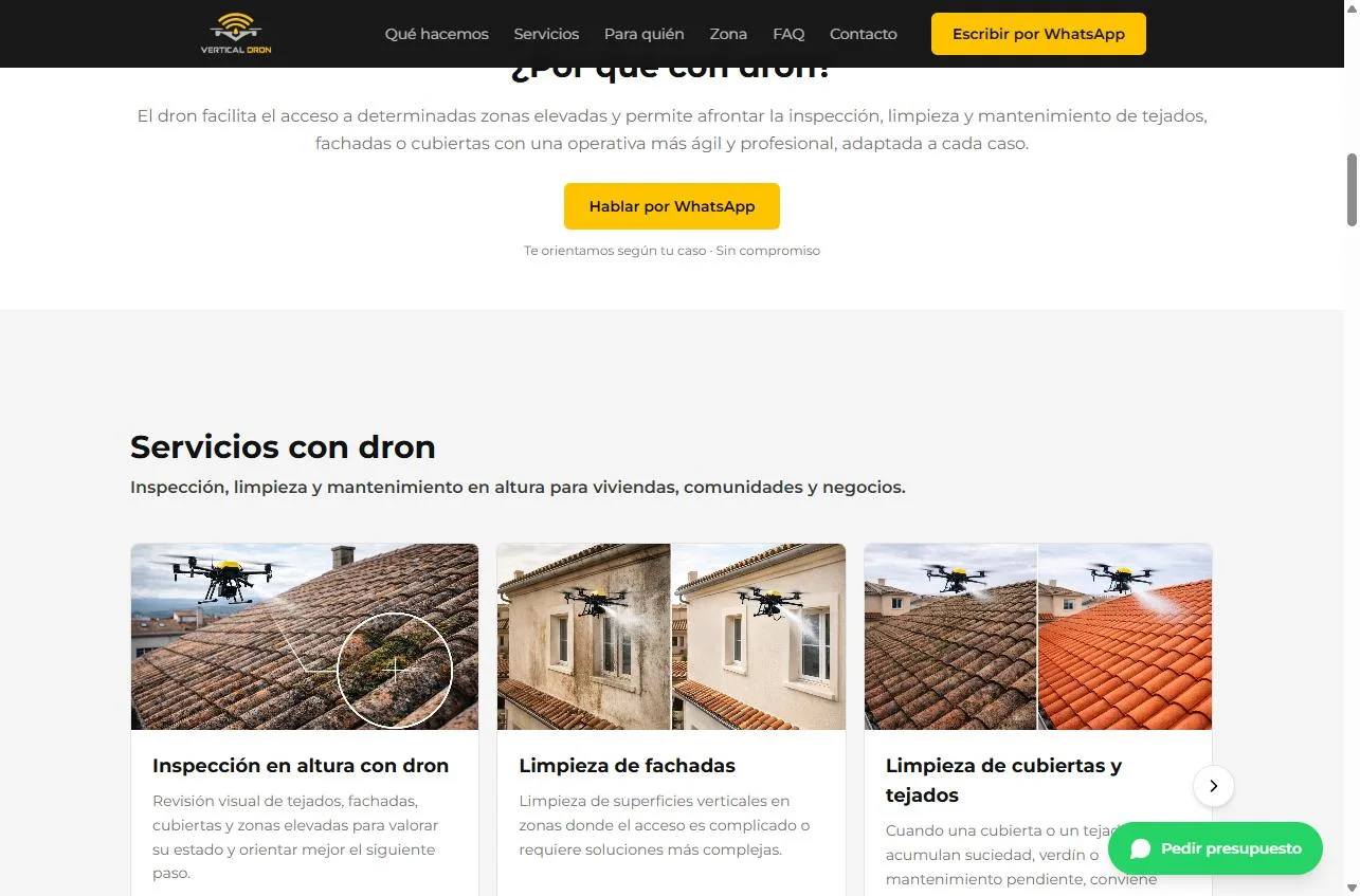 Portada de la web de Vertical Dron Galicia con servicios de inspección y limpieza con dron en Ourense: servicios